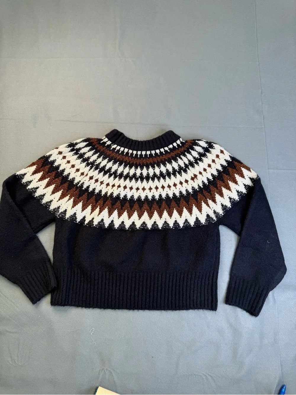 NWOT Blank NYC Black Fair Isle Yoke Sweater with White Brown Pattern